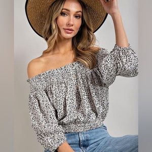 ee:some animal print smocked off the shoulder crop top